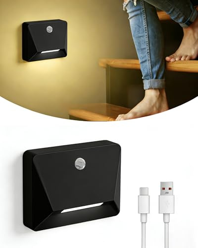 ACMHNC Akku Treppenlicht mit Bewegungsmelder, Schwarz | 2200mAh LED Nachtlicht Akku, Bis zu 60 Tagen Akkulaufzeit, Kein Bohren, Link-Modus, 3000K für für Treppen Flur Schlafzimmer