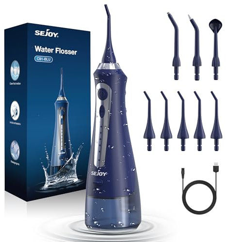 Sejoy Munddusche Kabellos Elektrisch, Oral Irrigator Dental, Zahnreinigung für Dental Clean, 8 Ersatzdüsen 5 Modi, IPX7 Wasserdicht 230ml, USB Wiederaufladbarer, Water Flosser für Reise