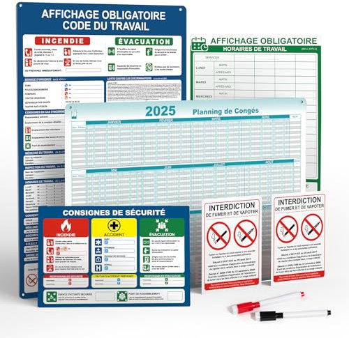 Pack de 8 affichages obligatoires - Panneaux en PVC rigide - Surface effaçable et réinscriptible - Kit de fixation inclus