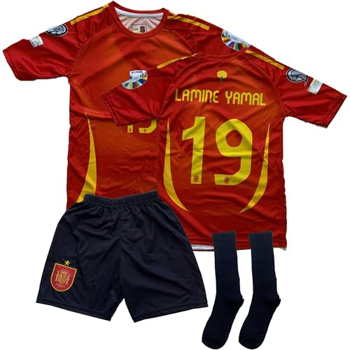 Boriverae Lamine Yamal Camiseta España Niños #19 - Conjunto de Fútbol con Jersey, Pantalones Cortos, Calcetines y Accesorios | Camiseta España para Niños, Entrenamiento y Ocio (4-14 Años), rosso, 128