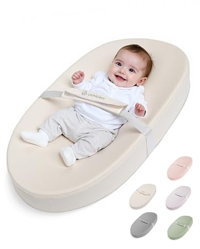 COMOMY Vegan Leather Nappy Baby Changing Mat with Waterproof and Wipeable PU Cover, Anti-Roll and Anti-Slip Diaper Chang Mat with Safety Straps, Portable Changing Pad, for Dresser and Table (Beige)
