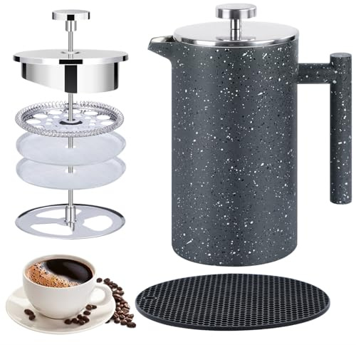 KOOYAT Cafetiere 8 Cup,1000ml French Press Coffee Maker,Double Wall,Marble | Stainless Steel Insulated Coffee Press,Heat Resistant Mat,Large Capacity French Press,4 Layer Filter,Gift,Home,Office,Travel