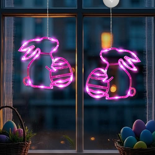 ACAREY Osterdeko Fenster Licht, Ostern Hase Ostereier zum Aufhängen Lichterkette mit Saugnapf, Fenster Deko Lichterkette Batteriebetrieben, Ostern Fensterlicht für innen Schlafzimmer Deko (2 Stück)