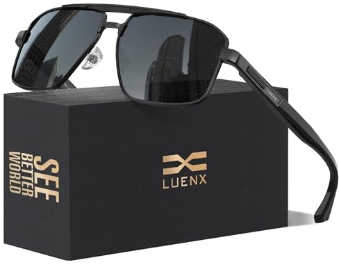 LUENX Aviator Polarized Sunglasses for Men Square Polygon Shades – UV400 Protection, Anti-Glare Black Metal Frame, 60mm Black Lens for Driving Fishing Cycling