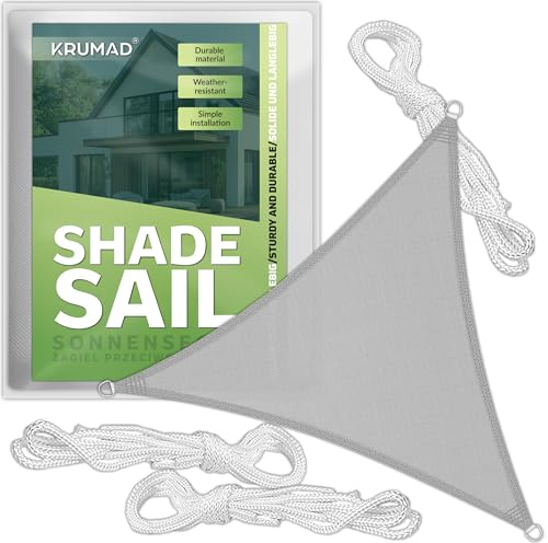 KRUMAD Sonnensegel Dreieckig 4m x 4m, Grau, UV-Schutz, Wasserdicht, Wetterfest, für Garten, Balkon & Terrasse, Atmungsaktives HDPE 160 g/m², inkl. 3 Befestigungsseile | Dreieckig 4m x 4m, Grau, HDPE 160 g/m², inkl. 3 Befestigungsseile, Wasserdicht, Wetterfest, für Garten, Balkon & Terrasse