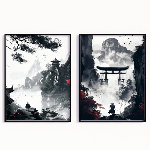 MJ-GRAPHICS® Poster Set Samurai Poster Krieger Schwarz-Weiß Japan Kunstdruck japanische Krieger Wandbild Gaming Bild Samurai Zen Dekoration Katana Fans Kampfkunst Poster – A4 Ohne Rahmen