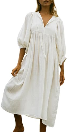 Acrawnni Women's Summer Loose Maxi Dress Solid Color 3/4 Sleeves Round-Neck Tie Front Long Tunic Dress Casual Boho Sundress (A-White, XL)