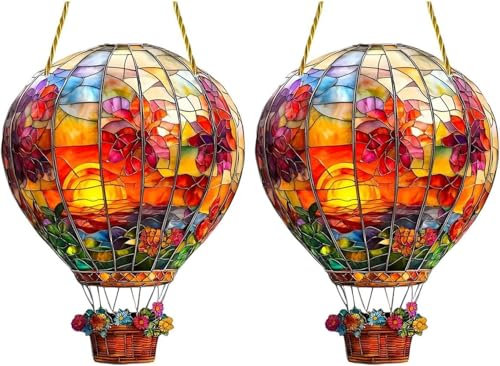 Garten gebeizter Sonnenfänger | 2 Stück Heißballon Solar Gartenleuchte Hängende Acryl Solarlaternen Ballon Solar Laterne für Innen Außen Dekoration