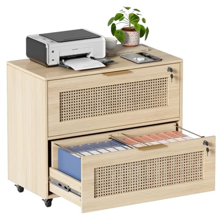 Rollcontainer Rattan, Büroschrank Abschließbar, Mobiler Aktenschrank mit 4 Rollen, Ordnerschrank mit 2 Groß Schubladen, Büroschrank mit verstellbarem Hängeregistratur, für Büro Zuhause 79 x 40 x67.5CM