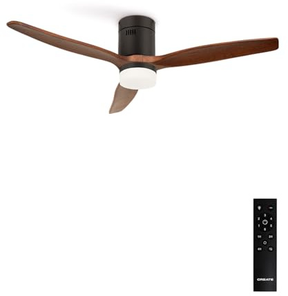 CREATE / WINDCALM NATURAL WOOD M/Ventilador de techo con luz negro aspas madera oscura y mando / 40W, Temporizador, Ø132 cm, 6 velocidades, 3 temperaturas de luz, función verano-invierno
