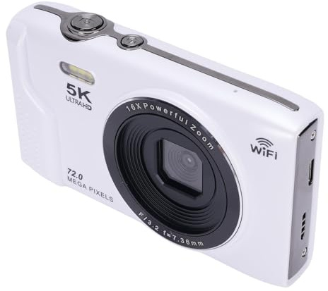 Fotocamera Digitale 5k per Fotografia, Fotocamera Vlog WiFi AutoFocus 72MP, Videocamera per Videocamera con Schermo da 2,8 Pollici, Zoom 16x, Flash Microfono Integrato (WHITE)