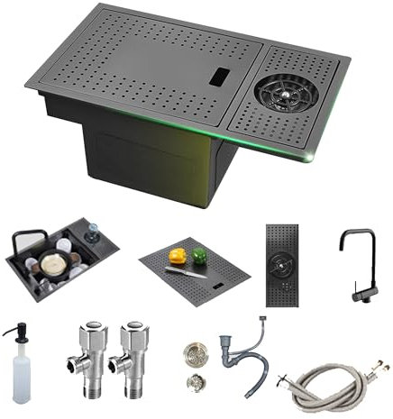 Évier de cuisine utilitaire à encastrer, petit évier de cuisine noir caché avec robinet, évier simple, montage sous plan/sur le dessus, style ferme, en acier inoxydable, lave-gobelet, distributeur