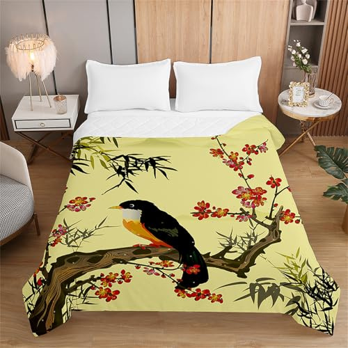 Highdi Colcha Microfibra Extra 3.5 TOG Suave, Estampado de Flor de Ciruelo Colcha de Verano Primavera, Cubre Cama Fina Ligera Multiusos, Verano, Otoño para Individual Dobles (Amarillo,150x200cm)