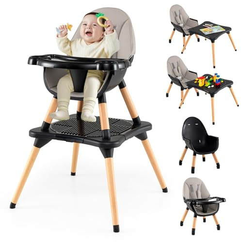 COSTWAY 6 en 1 Chaise Haute Bébé Evolutive, Table en Blocs Convertible, Harnais à 5 Points, Plateau Réglable Amovible, Chaise Haute Bebe en Bois, pour 6-36 Mois, Charge 15 kg, Gris Foncé