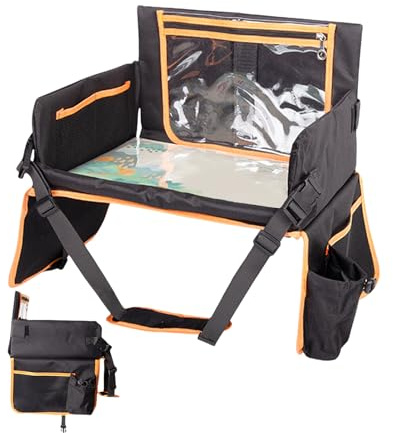 Kids Travel Tray, Toddler Car Seat Lap Desk Organizer with Tablet Holder, Portable Activity Tray Stand for Snacks Cups Drawing and Games, Perfect for Road Trips Airplane Rides or Baby Carseat Use