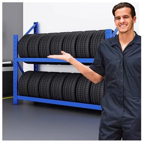 Scaffale per pneumatici resistente, supporto per pneumatici commerciali a 2 livelli in acciaio, organizer per cerchioni di grande capacità, per riparazione di ricambi auto e negozi al dettaglio
