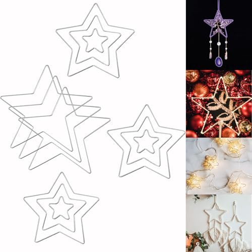 BRTNUP 12 Stück Metallring zum Basteln 20cm 15cm 10cm 5cm, Metall Stern zum Basteln Draht Stern Ringe für Traumfänger Makramee Hochzeit Weihnachten Blumenkranz DIY Handwerk (Silber)