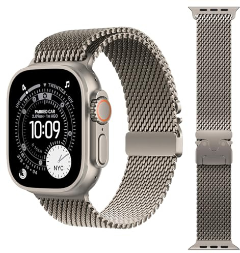 Titan Milanaise Loop Armband Kompatibel mit Apple Watch Ultra 3/2/1 49mm 46mm 45mm 44mm Herren Damen, Einstellbar Metall Armbänder für iWatch Serie 11 10 SE 9 8 7 6 5 4, Schließe im Fallschirm-Stil