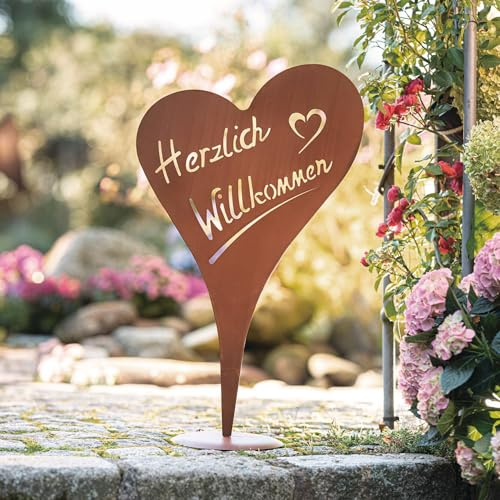 FRANK FLECHTWAREN Herz Herzlich Willkommen, Metall, Rostfinish Maße: Höhe 66 cm