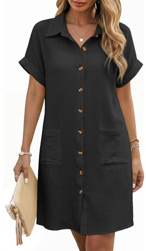 PASUDA Abito Estivo Donna Vestiti Camicia con Bottoni Vestito Scollo a V Maniche Corte Casual Elegante Abiti Comodo Cotton Larghi Copricostume Spiaggia Mare con Tasche(Nero,XXL)