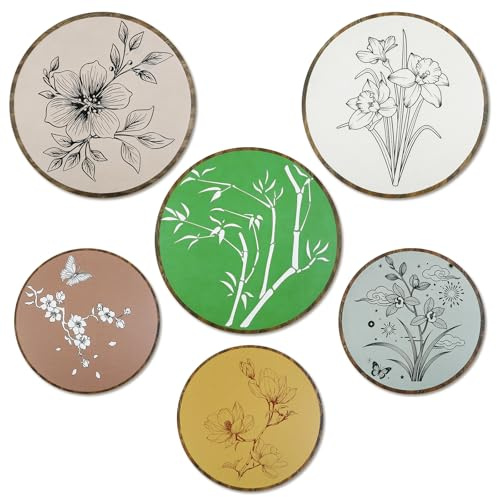 Larber 6 Stück Holz Kreis Boho Wanddekoration Set Boho Blumen Wandskulptur Set Wanddeko mit Blumen Blatt Motiven für Wohnzimmer Schlafzimmer Moderne Wandkunst Dekoration