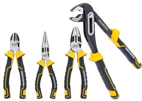 TOUGH MASTER 4-Piece Pliers Set Professional Quality Including 10'' Water Pump Plier, 6 Needle Nose Plier, 6 Diagonal Cutting Plier & 7 Combination Plier (4-Piece Plier Set)