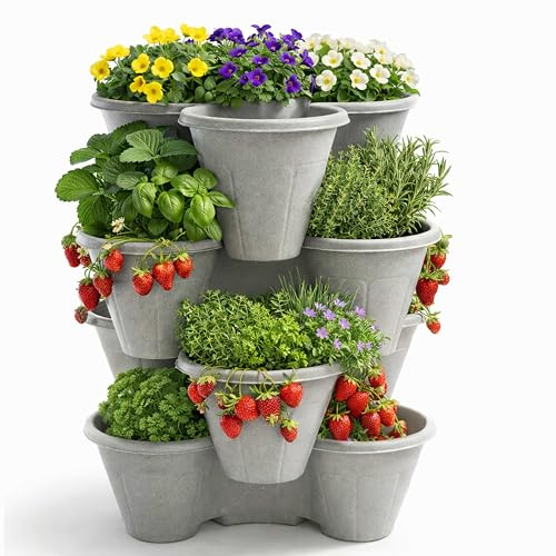ALAYSTAR Pack of 4 Stackable Strawberry Planter Pots Vertical Garden Trio Planters Terracotta Durable Plastic Herb Flower Containers Indoor Outdoor Balcony Patio Space Saving Plant Pots (PLATINUM)