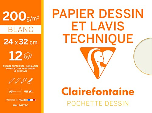 Clairefontaine 96278C Mappe Zeichenpapier (ideal für technische Zeichnungen, 24 x 32 cm, 12 Bögen, 200 g) weiß