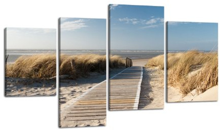 wandmotiv24 Leinwandbild Nordseestrand LW337 Wandbild, Bild auf Leinwand, 4 Teile, 180x115cm, Kunstdruck Canvas, XXL Bilder, Keilrahmenbild, fertig aufgespannt, Bild, Holzrahmen, Düne, Himmel, Sand