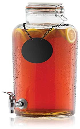 TableCraft 8.5L Rustic Country™ Glass Beverage Dispenser | Cold Drinks/Cocktail Dispenser Jar with Tap & Clip Top Lid