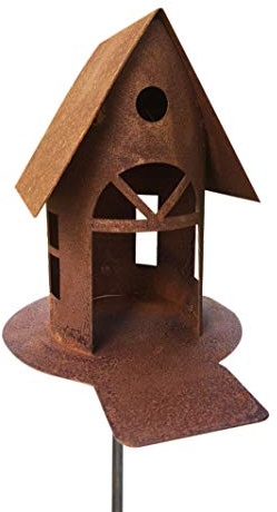 Fågelhus med bro för belysning H 19 cm + stav trädgårdsplugg rostfritt stål lykta värmeljus foderhus rostfritt stål trädgårdsdekoration metall rost