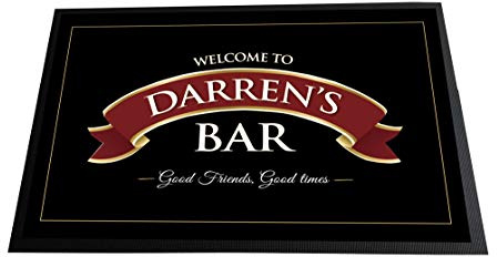 Artylicious Personalised Red Ribbon printed Bar/Man Cave, Door mat 60 x 40cm, non slip base mat, home from home