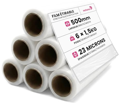 Netuno 6 rouleaux de film étirable transparent 23 microns 500mm 1,5kg film pour palettes emballage étirable rouleau de plastique extensible pour emballer protection plastique emballage déménagement
