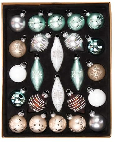 Valery Madelyn Weihnachtskugeln,24stück weihnachtskugeln Glas Weihnachtskugel mit Geschenkpaket, Weihnachtsbaumschmuck Christbaumschmuck mit Aufhänger,deko Weihnachten,Thema Silber Weiß