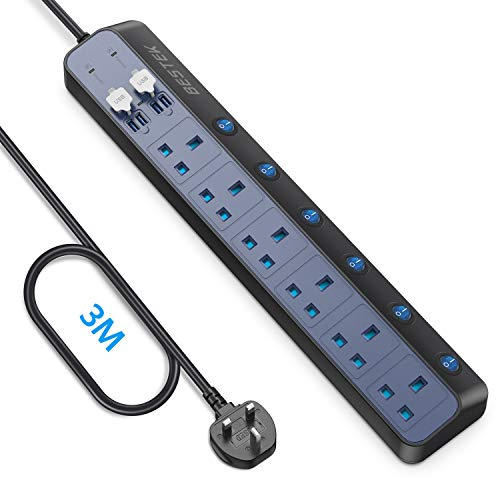 BESTEK 3m Surge Protector Extension Lead, 6 Way Individual Switch Power Strip Plug Socket with 4 USB Ports (Black)