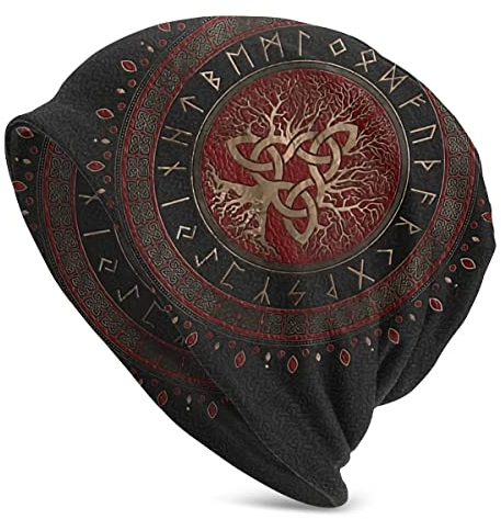 C2Jew Vikings Beanies Mütze Schwarz-Rote Strickmützen Damen Herren Mütze Hip-Hop Mütze Slouchy Outdoor-Caps 10,6 × 11 Zoll,Yggdrasil Triquetra