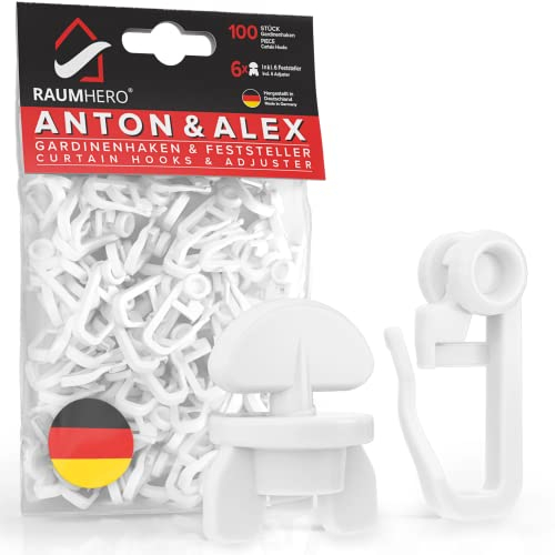 Raumhero Gardinenröllchen für Schiene (Komplettset 100x Gardinenhaken inkl. 6X Stopper) - 8mm Standardmaß Gardinengleiter - Gardinenhaken für Schienen - 100% Made in Germany
