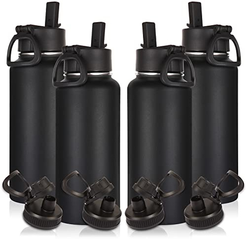 Volhoply 1Liters vattenflaskor Bulk 4 Pack med sugrör lock & Spout Lid, isolerad sportvattenflaska, dubbelväggigt vakuum i rostfritt stål Cups, läckagesäkert Wide Mouth Metal Flask