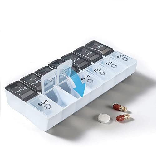 Tablettenbox 7 Tage Morgens Abends Groß, FainFun Feuchtigkeitsbeständiger Medikamentenbox 7 Tage Morgens Abends, Medikamentendosierer 7 Tage, Wochendispenser, 14 Fächer(Schwarz und Weiß)