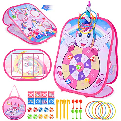 Einhorn Geschenke für Mädchen 3-12 Jahren, Ringwurfspiel Kinder Draußen Wurfspiel Kinder Garten Spielzeug ab 4-12 Jahre Mädchen Kinderspielzeug Corrit Cible Flechette, (Rosa-Einhorn)