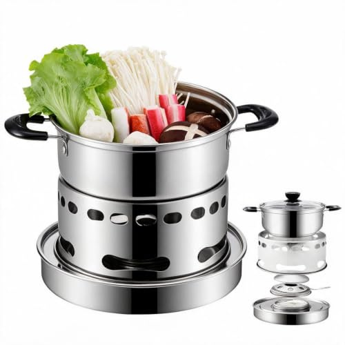 Ensemble Réchaud de Camping Portable en Acier Inoxydable, Réchaud à Alcool | 2 Tailles 16/18cm Livré avec 2 Cuillères, pour Fondue, Randonnée et Pique-nique