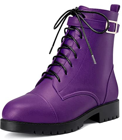 NobleOnly Femmes Bas Bloc Chunky Talon Heel Rond Bout Lacets Fermeture à Glissière Bottines Bureau Classique Chaussures Violet A 41 EU