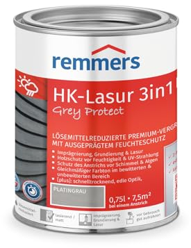 Remmers HK-Lasur 3in1 Grey Protect [plus] platingrau, matt, 0,75 Liter, Lösemittelreduzierte Premium-Vergrauungslasur für außen, 3in1, schnelltrocknend, langlebig