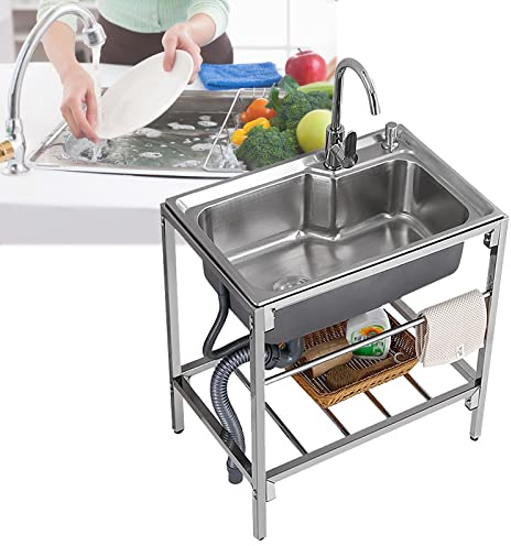 Evier Inox De Cuisine - Lavabo Exterieur Cuve Simple, Évier De Restauration Autoportant, Meuble Cuisine Complete, Avec Robinet, Tuyau De Vidange, Pour Exterieur Intérieur Jardin Plonge 55x40x75cm