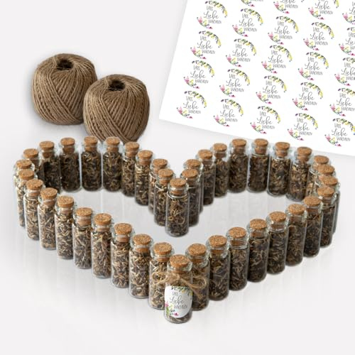 Gastgeschenke Blumensamen Hochzeit - 40 x Mini Glas mit Korken, Aufkleber, Band und Saatgut (Wildblumen)