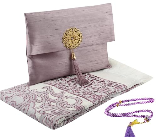 Prien Muslim Prayer Rug With Tasbih Beads and Portable Bag, Muslim Gift For Women Men, Mubarak Islamic Box, Soft Mat Gifts Set, Turkish Carpet For Ramadan, Eid, Hajj, Travel (Lilac)