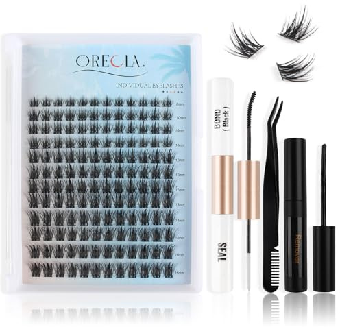 Oreola Individual Eyelashes Kit 144Pcs Natural Manga Lashes w/Glue Remover | DIY Eyelash Extension 8-16MM Mixed D Curl Wispy Natural Look Cluster Lashes with Bond Seal Glue Remover Tweezers