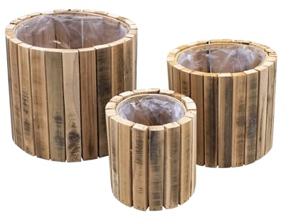 Spetebo Holz Pflanztopf Natur im 3er Set - 23/20 / 14 cm - Blumen Übertopf Set mit Folie - Garten Deko Blumenschale Kräutertopf Pflanzkasten für den Außenbereich