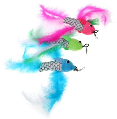 FRCOLOR Katzen Spatz Ersatzkopf 3 Stück in Fischform aus Plüsch und Kunstfedern Leicht und Interaktiv Kompatibel mit Katzenspielzeug für Katzen und Kätzchen zum Spielen Zufällige Farbe