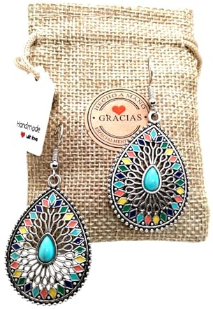 WORLD GOBLINS Pendientes Hippies Mujer de Colores Largos. Llamativos, Boho Vintage. Pendientes Plata Divertidos. Colores. Aretes Originales Hechos en España